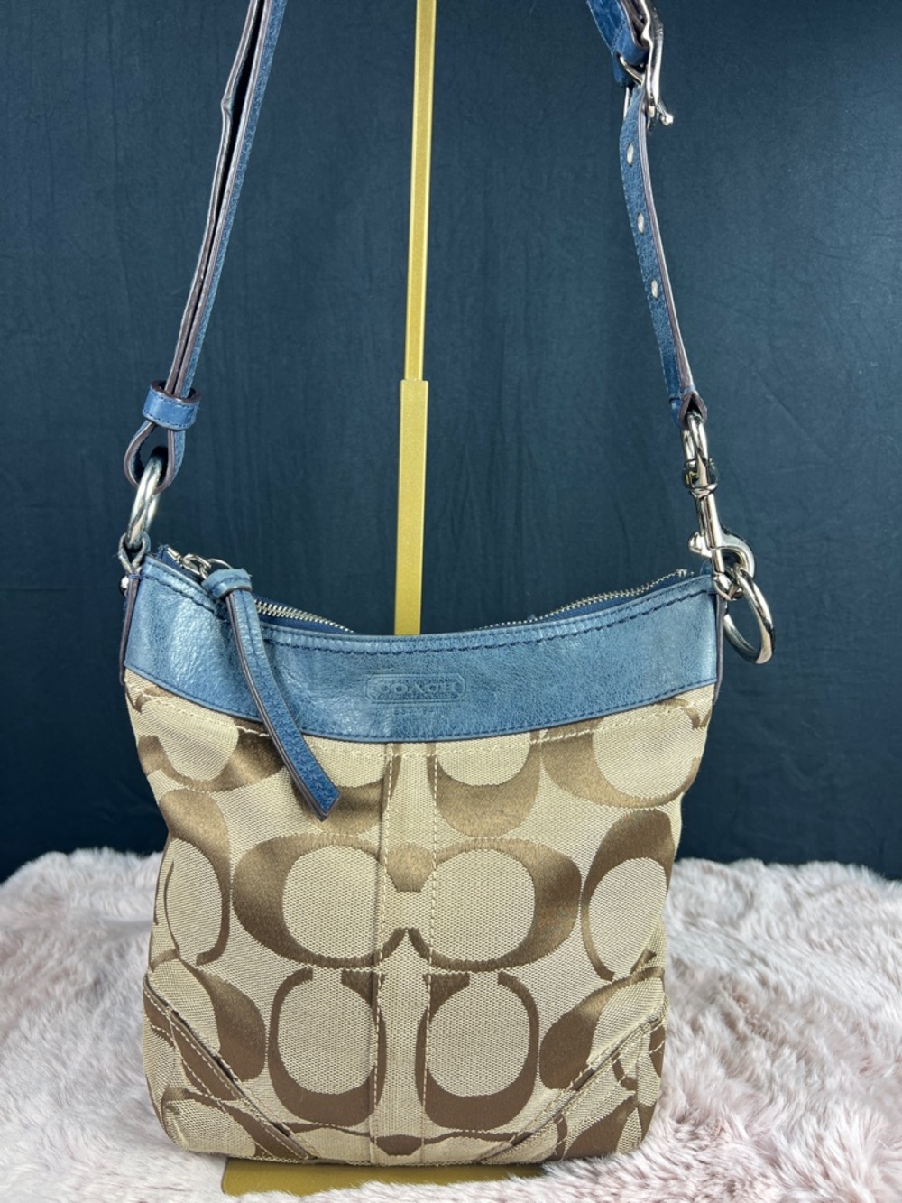 COACH Signature Tan Jacquard & Blue Leather Duffle Crossbody Bag EUC